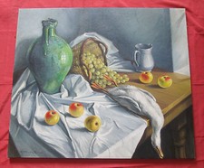 Superbe grande nature morte de 1956" pommes raisins et oie sur un entablement "