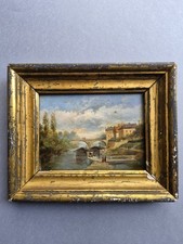 Tableau Ancien Beau Paysage Animée - Situé POISSY- Epoque début XIXème Siècle