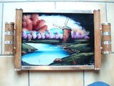 Plateau de service des années 50 art déco peinture de moulin mise sous verre