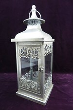 Grand Lanterne de Jardin Grand Photophore Couronne Métal Lampe Coupe-Vent Argent