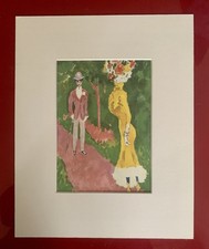 Tableau ancien estampe gravure illustration couleur portrait couple jardin fauve