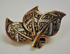 ANCIEN BIJOU VINTAGE BROCHE FEUILLES FEUILLAGES LEAF OR DE TOLEDE # A7
