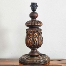 Pied de Lampe à Poser Bois Sculpté à Feuilles d'Acanthes Base Circulaire 39,5 cm