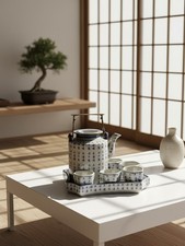 Service à thé chinois style Qing porcelaine caligraphie "Epitaph" vintage