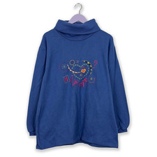 Pull Vintage À Col Montant Bleu Avec Broderie Hippie - Taille L Homme