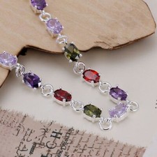 Bracelet couleur en pierre argent plaqué 925 femmes  17.5 cm + 5 cm 6mm  