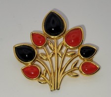 BIJOU VINTAGE BROCHE FLEUR EN VERRE ROUGE NOIR & MÉTAL DORÉ #MB# G8