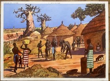 ? Ancienne affiche scolaire Rossignol, 1950 - 11, 12 Village africain / Tempête