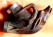 Ancien BEAU FOURNEAU DE PIPE XIXème,  EN BOIS SCULPTÉ, tête de cerf