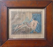 Gravure lithographie et aquarelle érotique 19e siècle L'EAU femme nue Fragonard