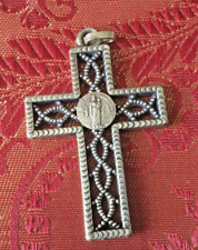 ANCIEN religieux Grand Pendentif croix métal guilloché filigranné