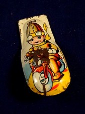 Ancien jouet clic-clac clicker tôle enfant motard moto Us zone Germany 1950