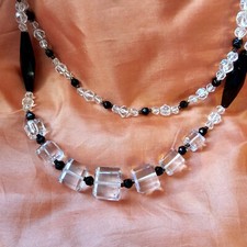Collier Art Déco Verre Taillé Noir Jais, Cristal Et Cuivré 2 Rangs Fermoir À Vis