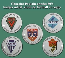 Chocolat Poulain années 60’s, 8 badges métal, clubs de football et rugby frança