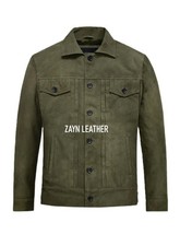 Veste camionneur boutonnée homme 100 % pur daim vert olive foncé moto motard