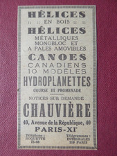 8/1930 PUB HELICE CHAUVIERE METAL BOIS HYDROPLANETTE CANOE CANADIEN ORIGINAL AD