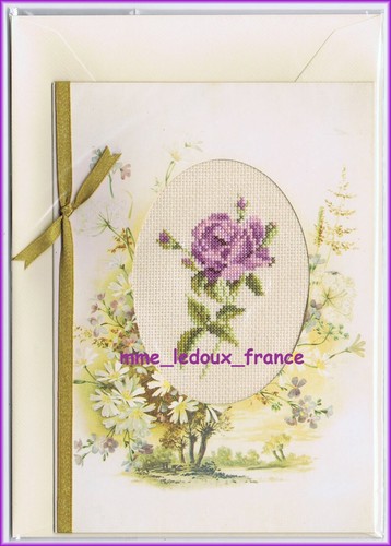 Carte brodée main - rose, mauve