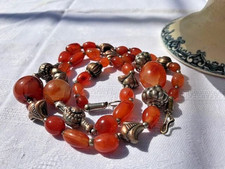 Collier ancien perles pierre naturelle cornaline  orange perles métalliques