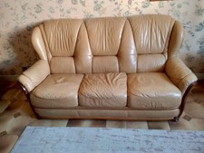 canapé+2 fauteuils+1 pouf en cuir et bois