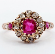 Bague marguerite antique or rose 14k rubis synthétique et diamant (circa 1920)