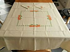 Nappe récente lin  jaune  brodée a la main de citrouilles + 2 serviettes 