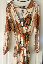 Robe longue beige marron effet portefeuille manches longues col V ANGY ME T M