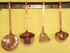 SUPER RARE Antique French SET 4 HAMMERED COPPER UTENSILS Copper Handles UNUSUAL