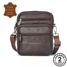 Sacoche Sac Bandoulière Homme Cuir Véritable Classique Triple Fermeture Eclair
