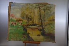 ANCIEN TABLEAU TOILE LA TRAITE DES VACHES SIGNE A GUSTIN 1962 HUILE