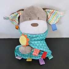 E5. Doudou Chien BRIGHT STARTS lange couverture bleu vert gris orange 24cm NEUF*