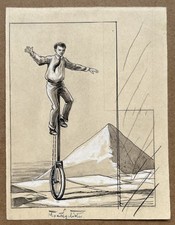 Petit Dessin Ancien Encre Projet Portrait Homme Costume Vélo Monocycle Pyramide