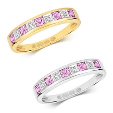 Bague Femme Semi Pavée Or Blanc/Jaune 9 k/carat et Diamant avec Saphir Rose