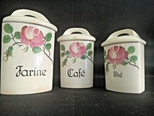 SAINT CLEMENT faïence , pots à épices, thé café farine, lot de 3 , églantine