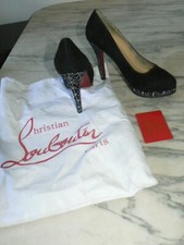 SUPERBE PAIRE ESCARPINS CUIR NOIR ET STRASS CHRISTIAN LOUBOUTIN T 38 AUTHENTIQUE