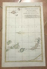 CANARY ISLANDS MADEIRA 1780 RIGOBERT BONNE ANTIQUE MAP IN COLORS 18TH CENTURY