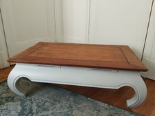 Table basse opium rénovée pieds gris bois vernis 100 cm x 60cm remise au propre