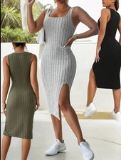 Robe Longue Ouverte Sexy moulante Cotelée Sans Manche Jupe Soirée Plage Été 