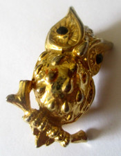 Broche couleur or hibou chouette cristaux diamant yeux noirs bijou rétro 3147