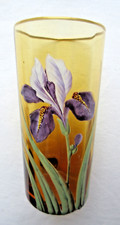 Vase Art Nouveau ou grand verre ambre émaillé Legras: Iris bleu