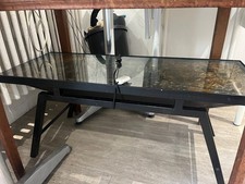 table basse vitrail lumineuse pied métal, parfait état 93x36x40