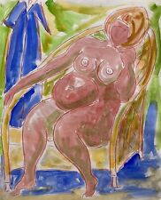 Acte Assis Dans Le Fauteuil En Osier Aquarelle/Chalk Expressif Années 70 #7