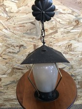 Suspension Lanterne Métal Noir & Laiton + Verre Opaque Rond Vintage #D009