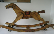 Jouet Ancien Cheval en Bois polychrome à Bascule & Roulettes Fin XIXe début XXe