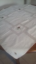 ANCIENNE NAPPE BLANC AJOUREE DECOR FLORAL ROSES COTON MAIN BRODERIE LINGE MAISON