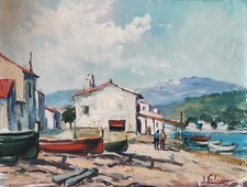 Tableau ancien  XX° signé Paysage Village Bord de mer Sud Espagne Portugal Corse