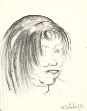 DESSIN ORIGINAL A LA MINE DE PLOMB - MARCEL DELMOTTE  - PORTRAIT DE EVA 1950