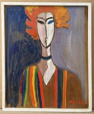 Tableau Huile Fauve Expressionniste Portrait Femme Cheveux Roux Chemise Bayadère