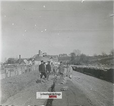 Stockage matériel munitions, WW1, plaque verre photo ancienne stéréo 6x13 cm