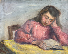 Tableau ancien  portrait de jeune fille à la lecture enfant post impressionniste