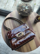 Sac à main vintage cuir façon croco marron avec anse et boucle dorée